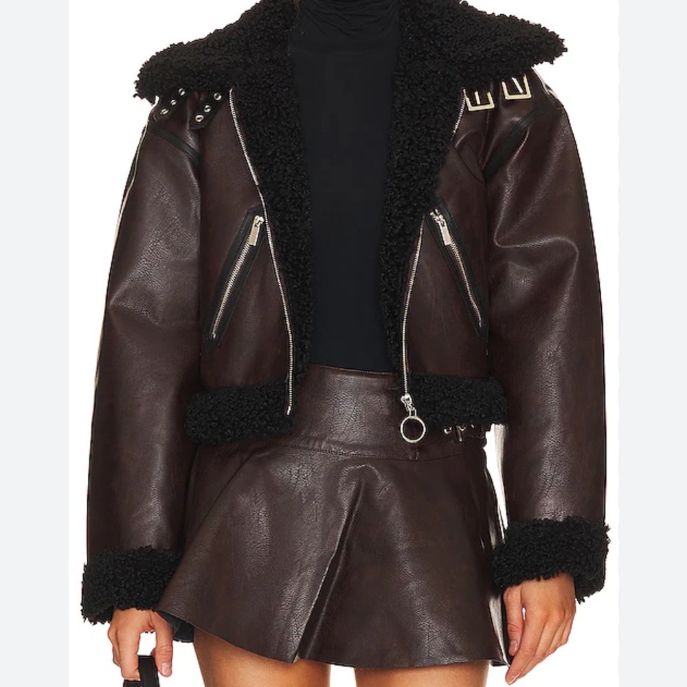 NWT WeWoreWhat Women's Brown Shearling Jacket Leather